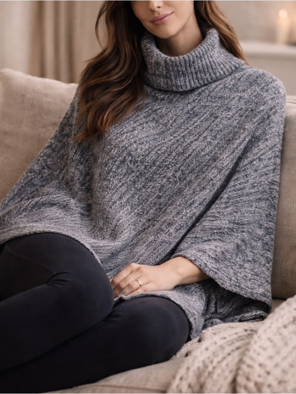 BAREFOOT DREAMS CozyChic Poncho Sweater Gray Cowl Neck OSFM Soft Luxe